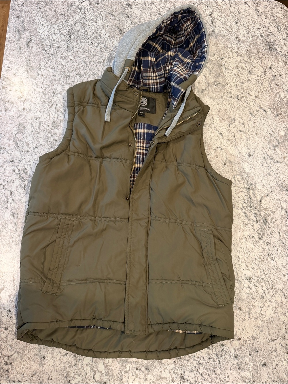 Weatherproof Olive Green Hooded Puffer Vest with Plaid Lining
